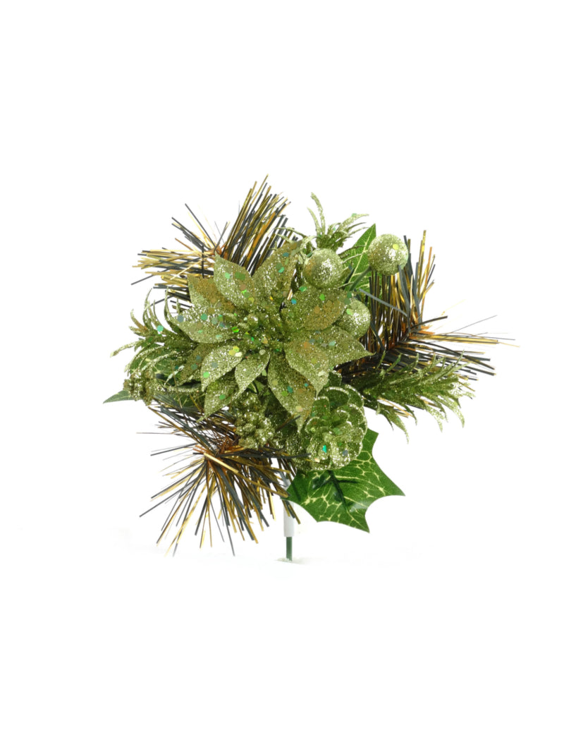 GLITTER PINE PICK W POINSETTIA CONES HOLLY 2024 Christmas Collection - Larksilk