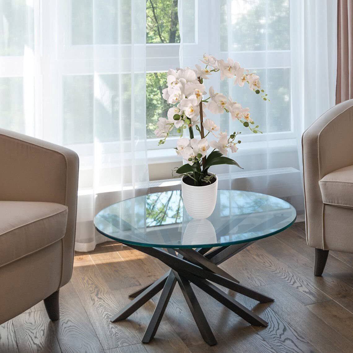 22" x 18" White Phalaenopsis Orchid with 5" White Ribbed Pot - Realistic Faux Orchid Plant with 34 Flowers and 4 Leaves - Larksilk