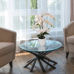 22" x 18" White Phalaenopsis Orchid with 5" White Ribbed Pot - Realistic Faux Orchid Plant with 34 Flowers and 4 Leaves - Larksilk