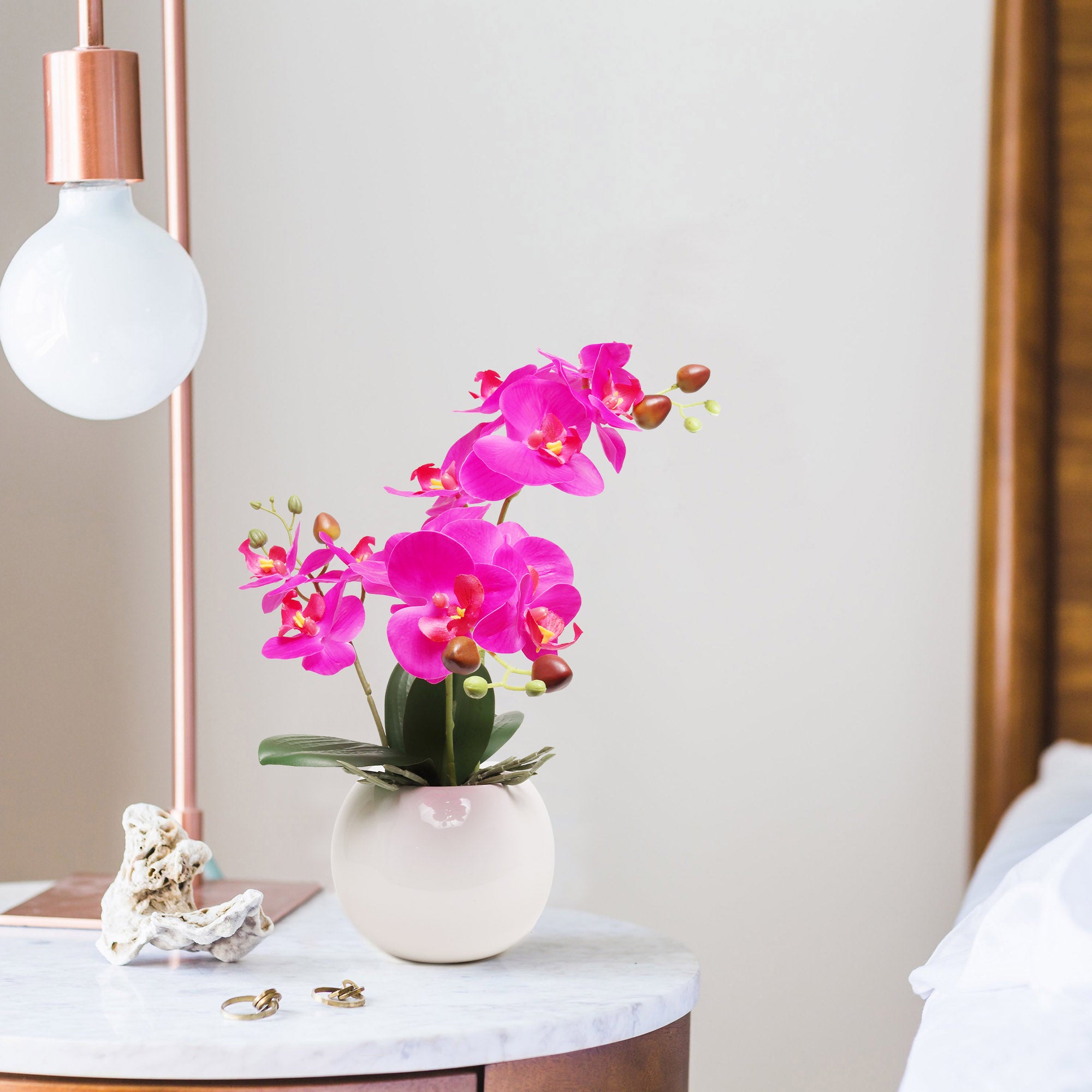 13-Inch Fuchsia Phalaenopsis Orchid Flowers in 5-Inch Round White Pot - Larksilk