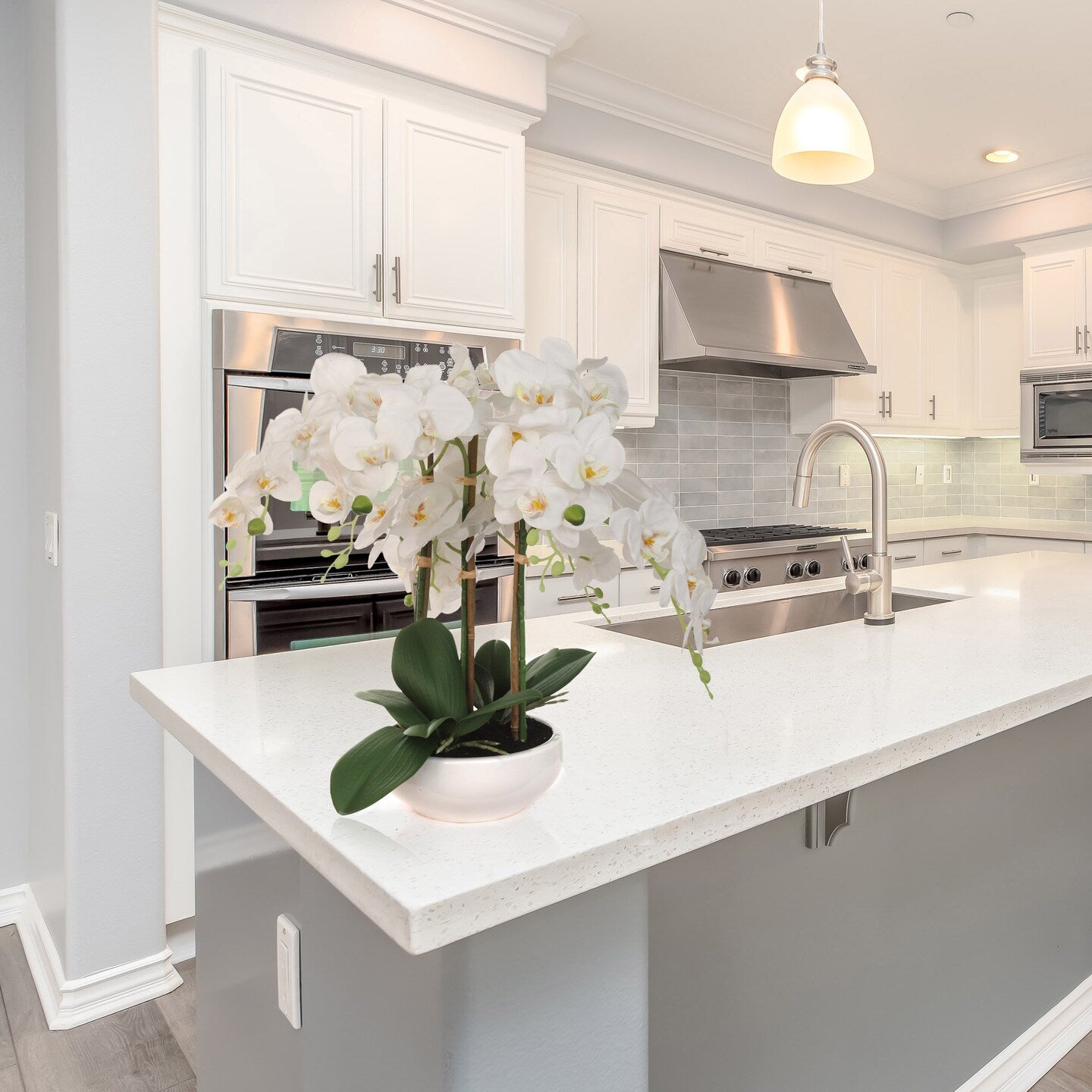 19"x13" White Phalaenopsis Orchid Arrangement in White Bowl - Elegant Faux Floral Display for Home and Office Decor - Larksilk