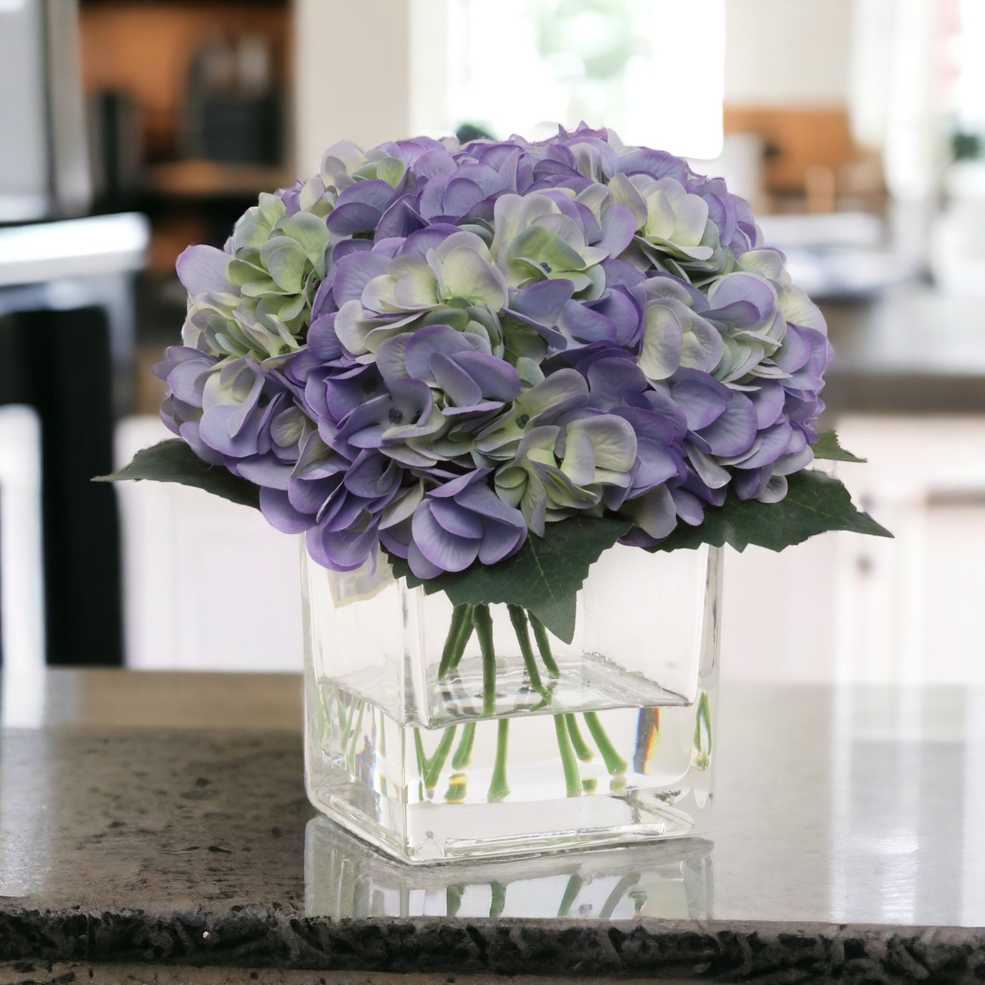 Hydrangea Arrangement in Faux Water Look Glass Vase - Larksilk