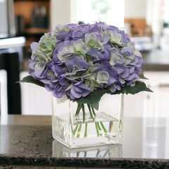 Hydrangea Arrangement in Faux Water Look Glass Vase - Larksilk