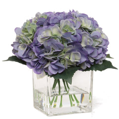 Hydrangea Arrangement in Faux Water Look Glass Vase - Larksilk