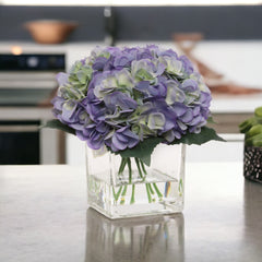 Hydrangea Arrangement in Faux Water Look Glass Vase - Larksilk