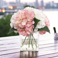 Hydrangea Arrangement in Faux Water Look Glass Vase - Larksilk