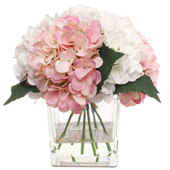 Hydrangea Arrangement in Faux Water Look Glass Vase - Larksilk