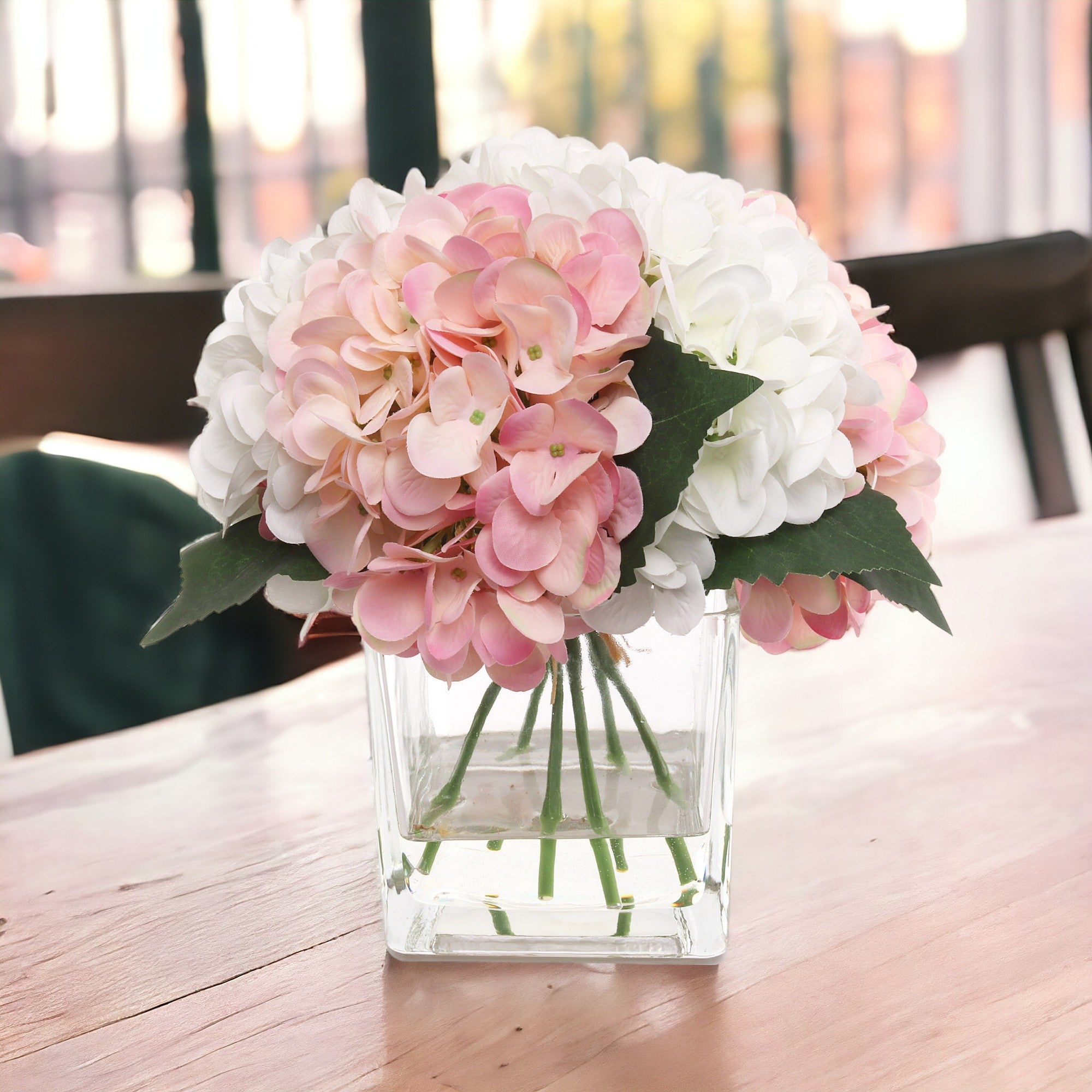 Hydrangea Arrangement in Faux Water Look Glass Vase - Larksilk