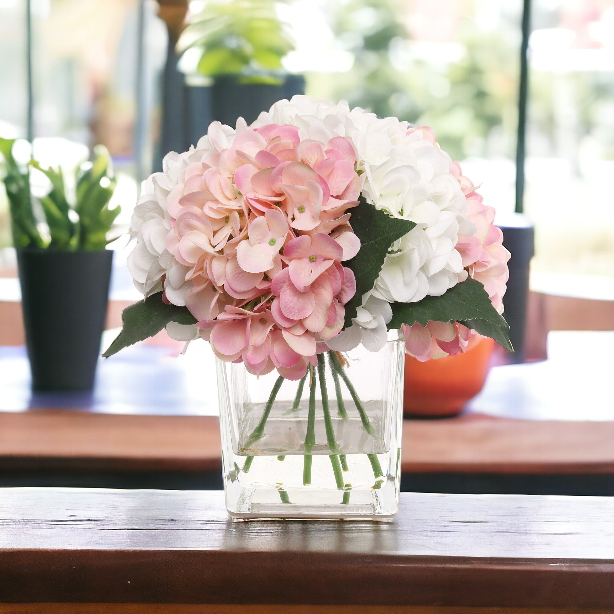 Hydrangea Arrangement in Faux Water Look Glass Vase - Larksilk