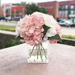 Hydrangea Arrangement in Faux Water Look Glass Vase - Larksilk