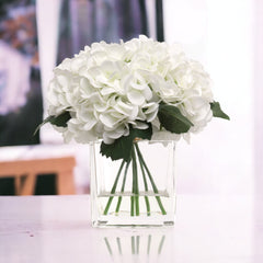 Hydrangea Arrangement in Faux Water Look Glass Vase - Larksilk
