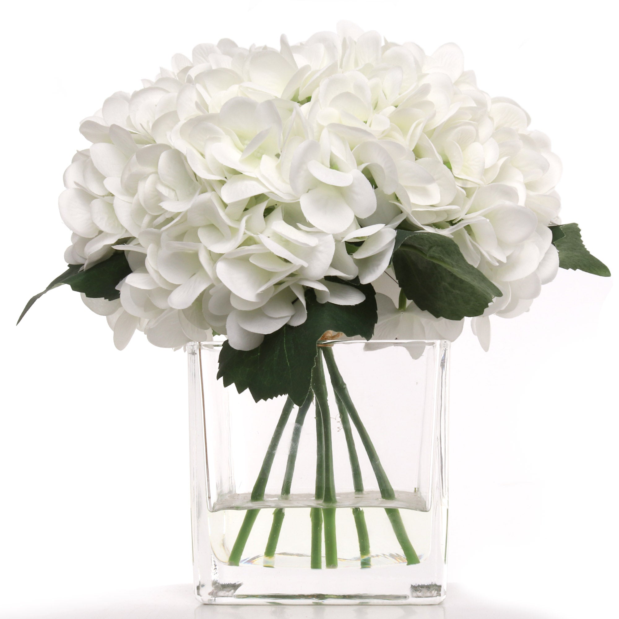 Hydrangea Arrangement in Faux Water Look Glass Vase - Larksilk