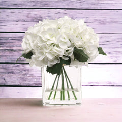 Hydrangea Arrangement in Faux Water Look Glass Vase - Larksilk
