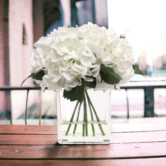 Hydrangea Arrangement in Faux Water Look Glass Vase - Larksilk