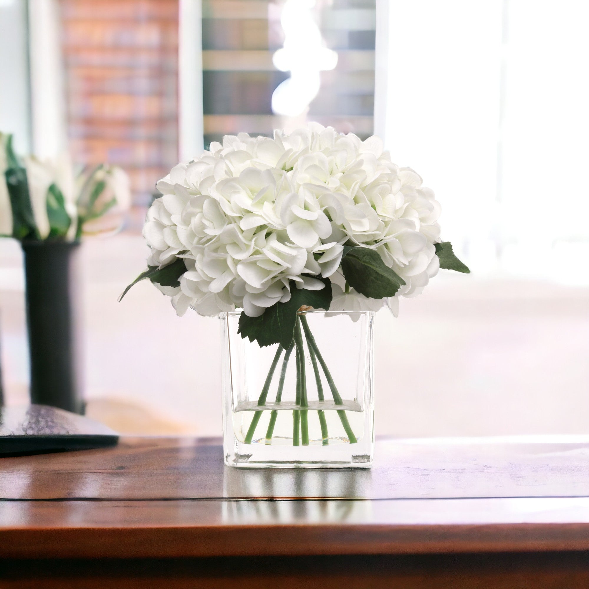 Hydrangea Arrangement in Faux Water Look Glass Vase - Larksilk