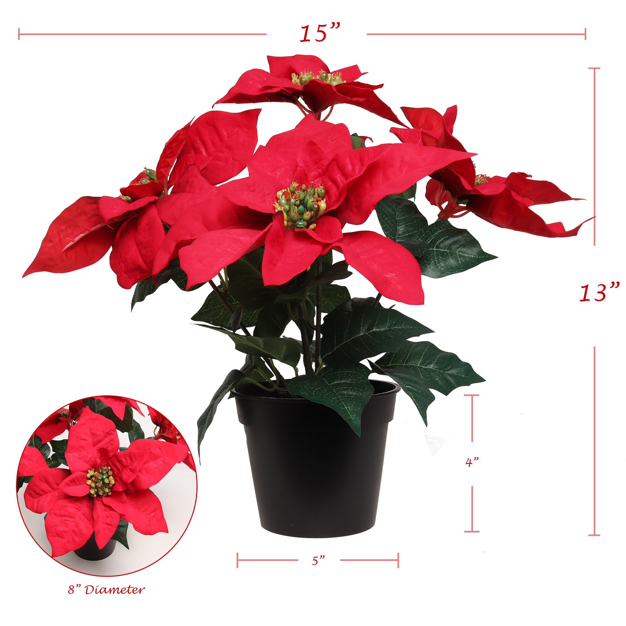 13" Red Velvet Poinsettia Bush in Black Pot with 5 Silk Flowers Pack of 6 2024 Christmas Collection - Larksilk