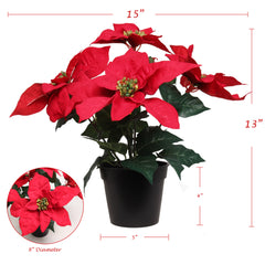 13" Red Velvet Poinsettia Bush in Black Pot with 5 Silk Flowers Pack of 6 2024 Christmas Collection - Larksilk