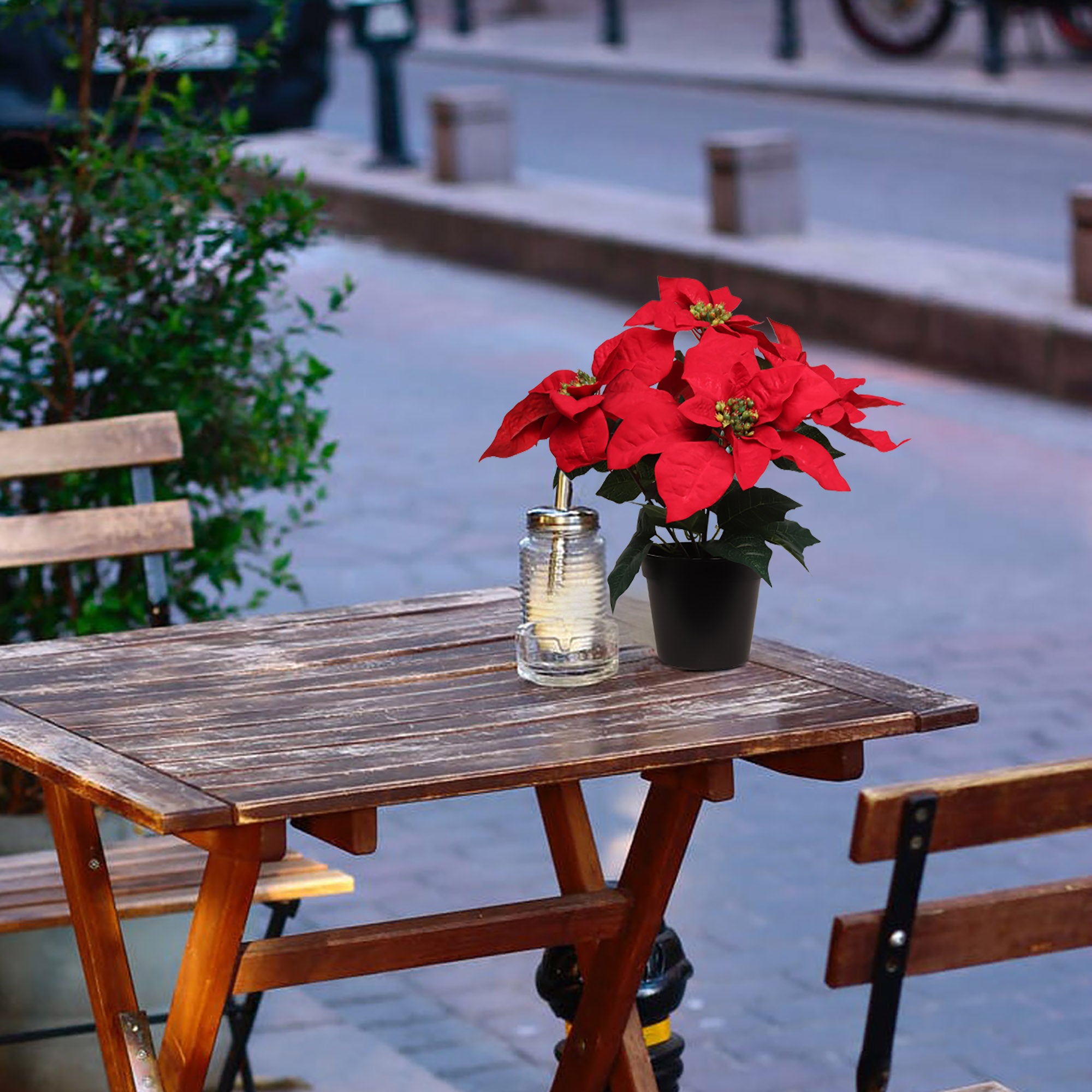 13" Red Velvet Poinsettia Bush in Black Pot with 5 Silk Flowers Pack of 6 2024 Christmas Collection - Larksilk