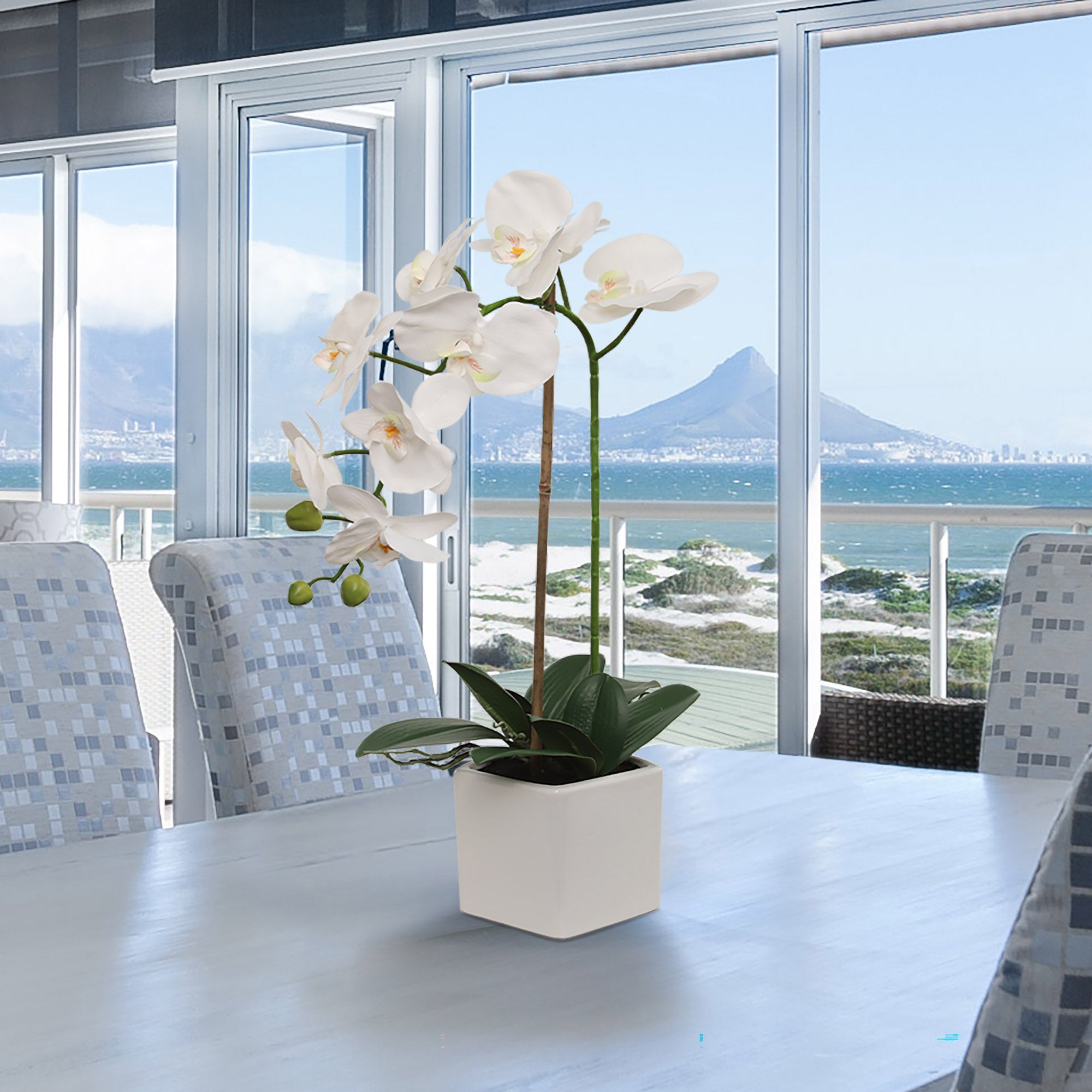 White Phalaenopsis in 5" Cube White Pot, Elegant Lifelike Orchid, Ideal for Home, Office, and Tabletop Decor - Larksilk