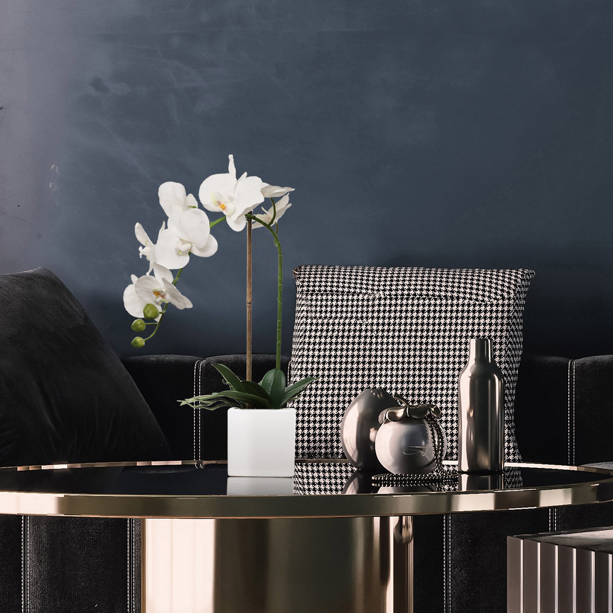 White Phalaenopsis in 5" Cube White Pot, Elegant Lifelike Orchid, Ideal for Home, Office, and Tabletop Decor - Larksilk