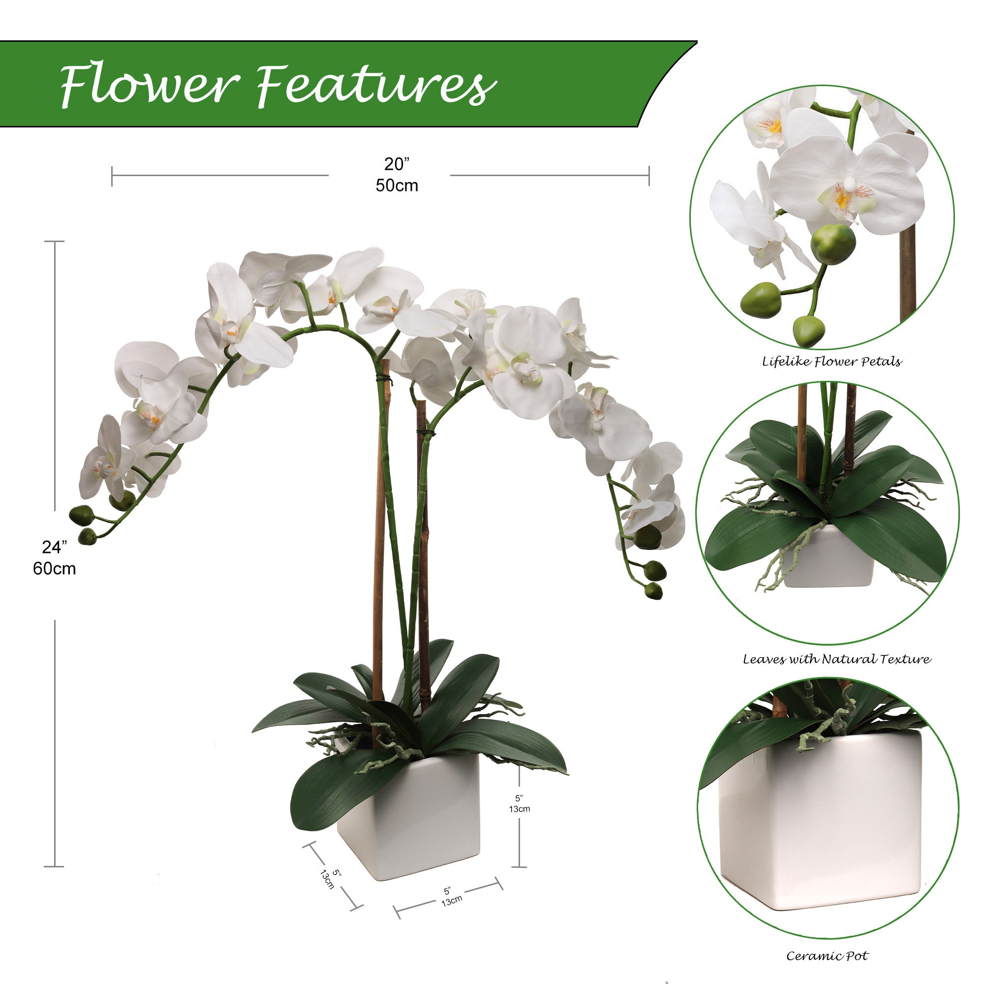 25-Inch Realistic White Orchid Arrangement – Artificial Phalaenopsis Flowers with Natural Leaf Details in Ceramic Pot for Home & Office Decor - Larksilk