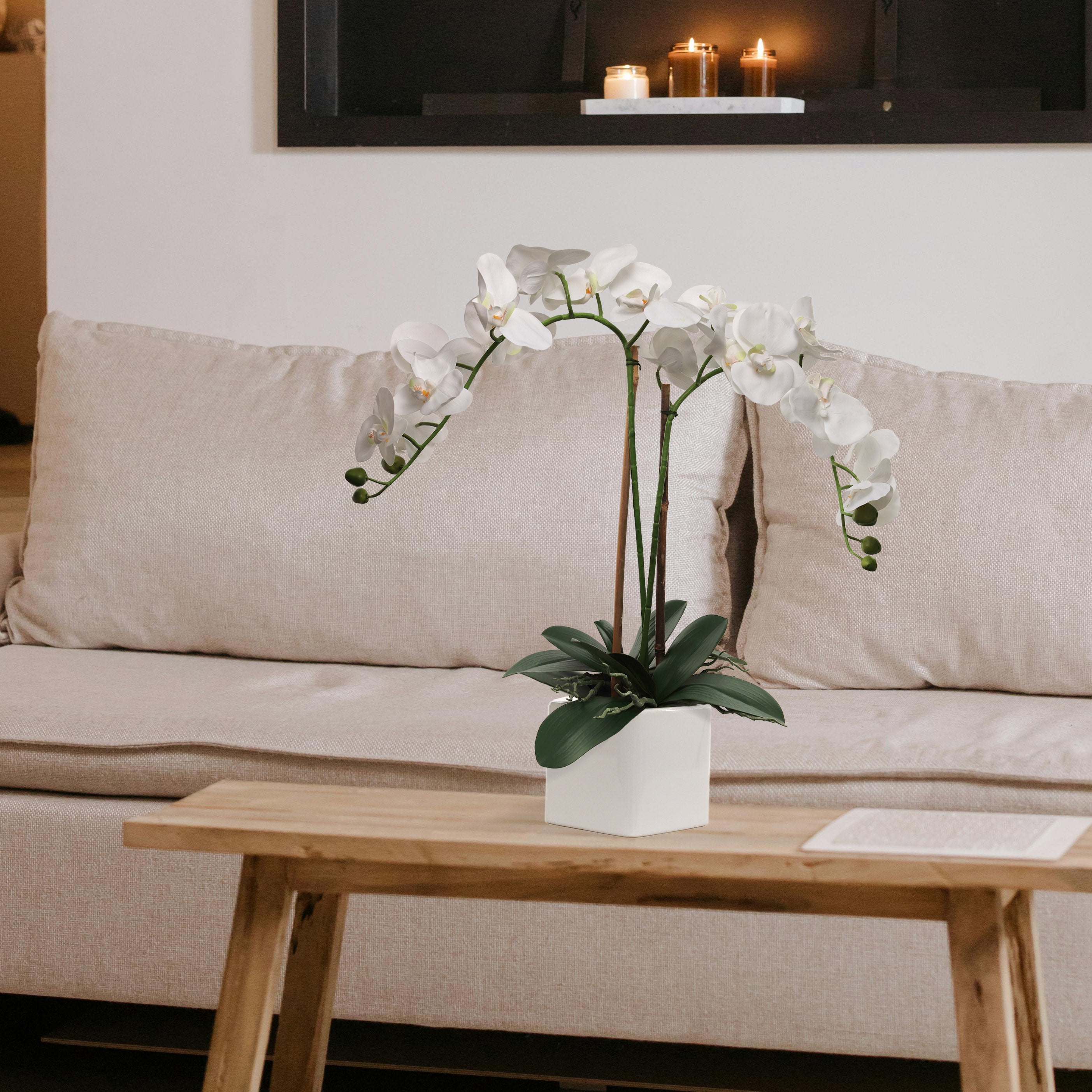 25-Inch Realistic White Orchid Arrangement – Artificial Phalaenopsis Flowers with Natural Leaf Details in Ceramic Pot for Home & Office Decor - Larksilk