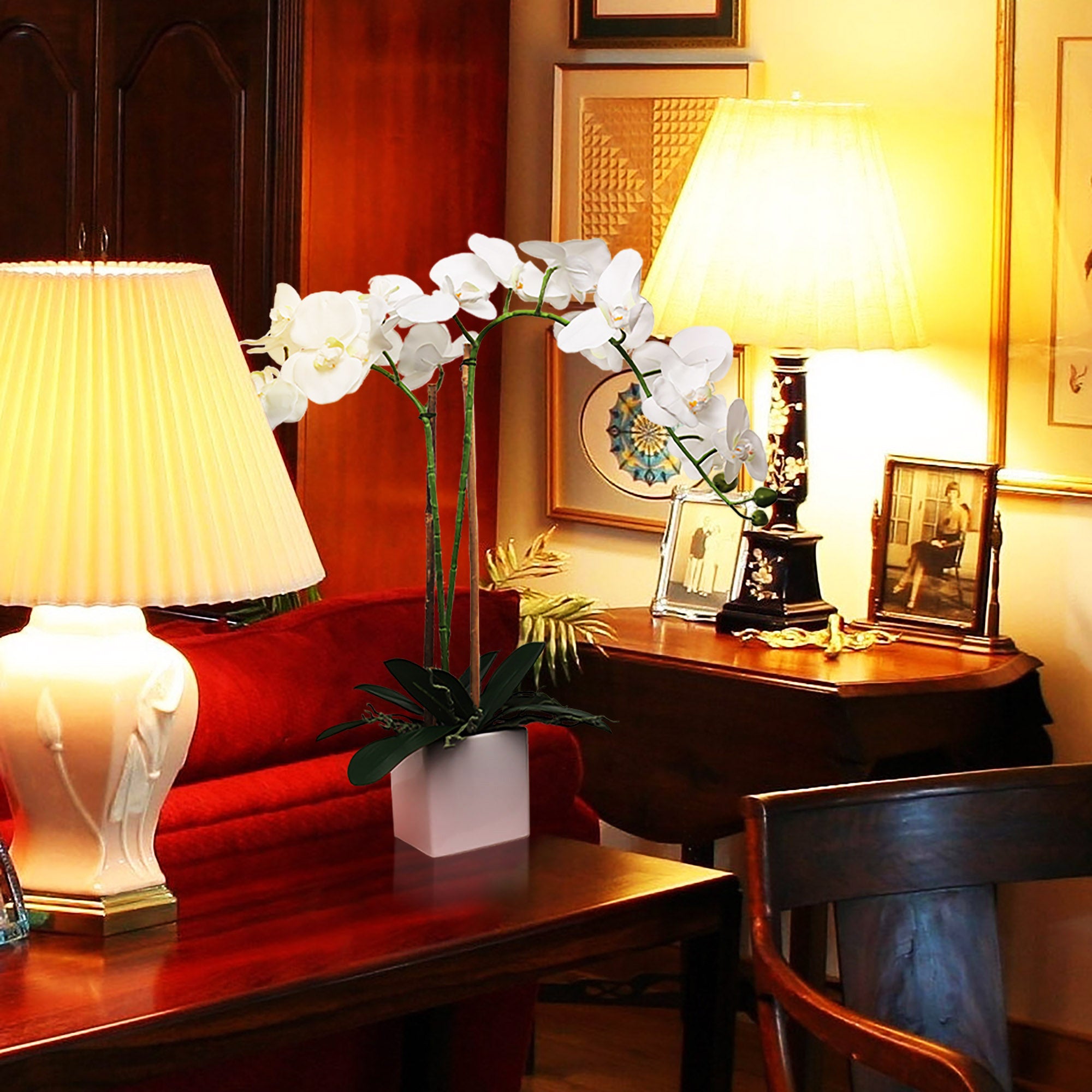 25-Inch Realistic White Orchid Arrangement – Artificial Phalaenopsis Flowers with Natural Leaf Details in Ceramic Pot for Home & Office Decor - Larksilk