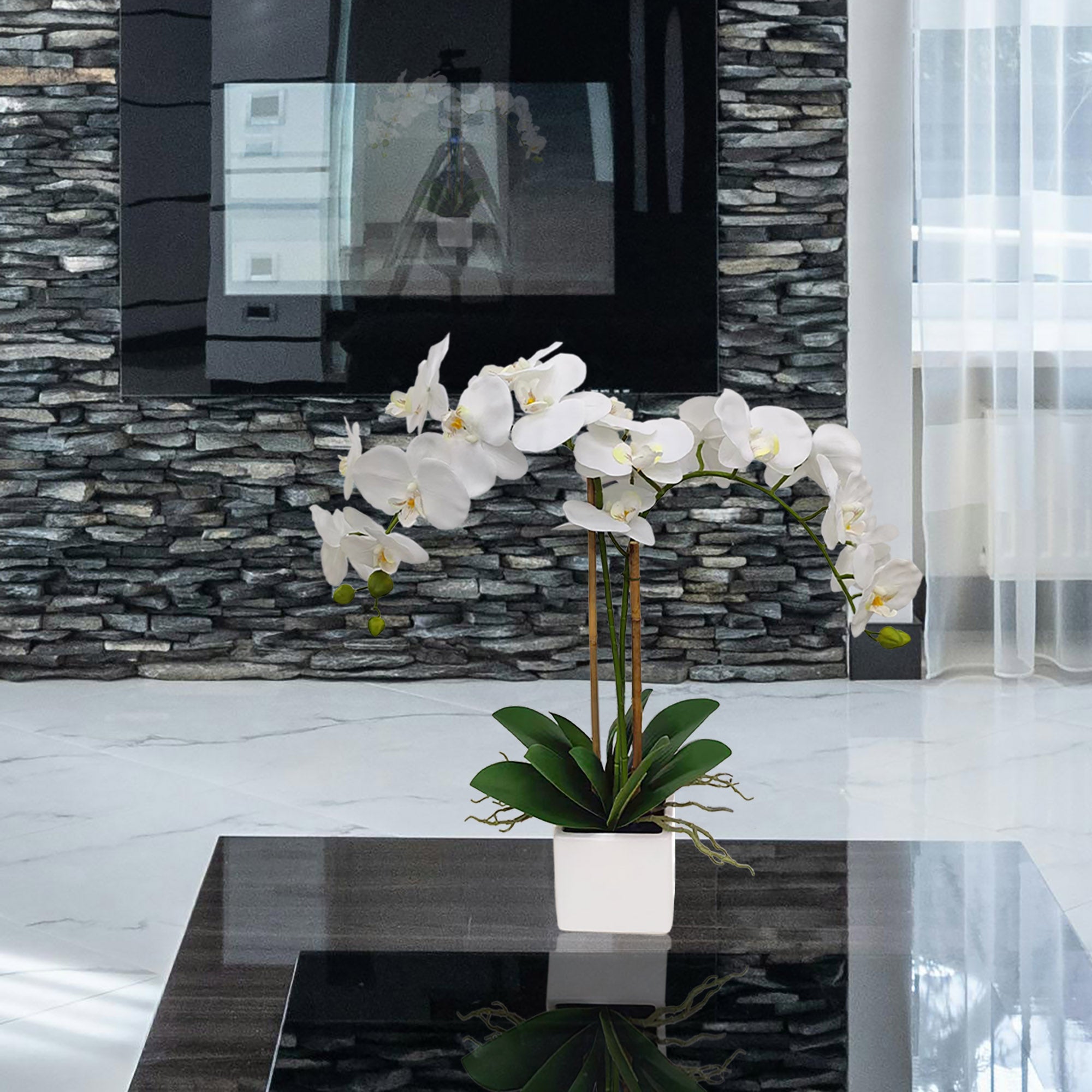 25-Inch Realistic White Orchid Arrangement – Artificial Phalaenopsis Flowers with Natural Leaf Details in Ceramic Pot for Home & Office Decor - Larksilk