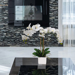 25-Inch Realistic White Orchid Arrangement – Artificial Phalaenopsis Flowers with Natural Leaf Details in Ceramic Pot for Home & Office Decor - Larksilk