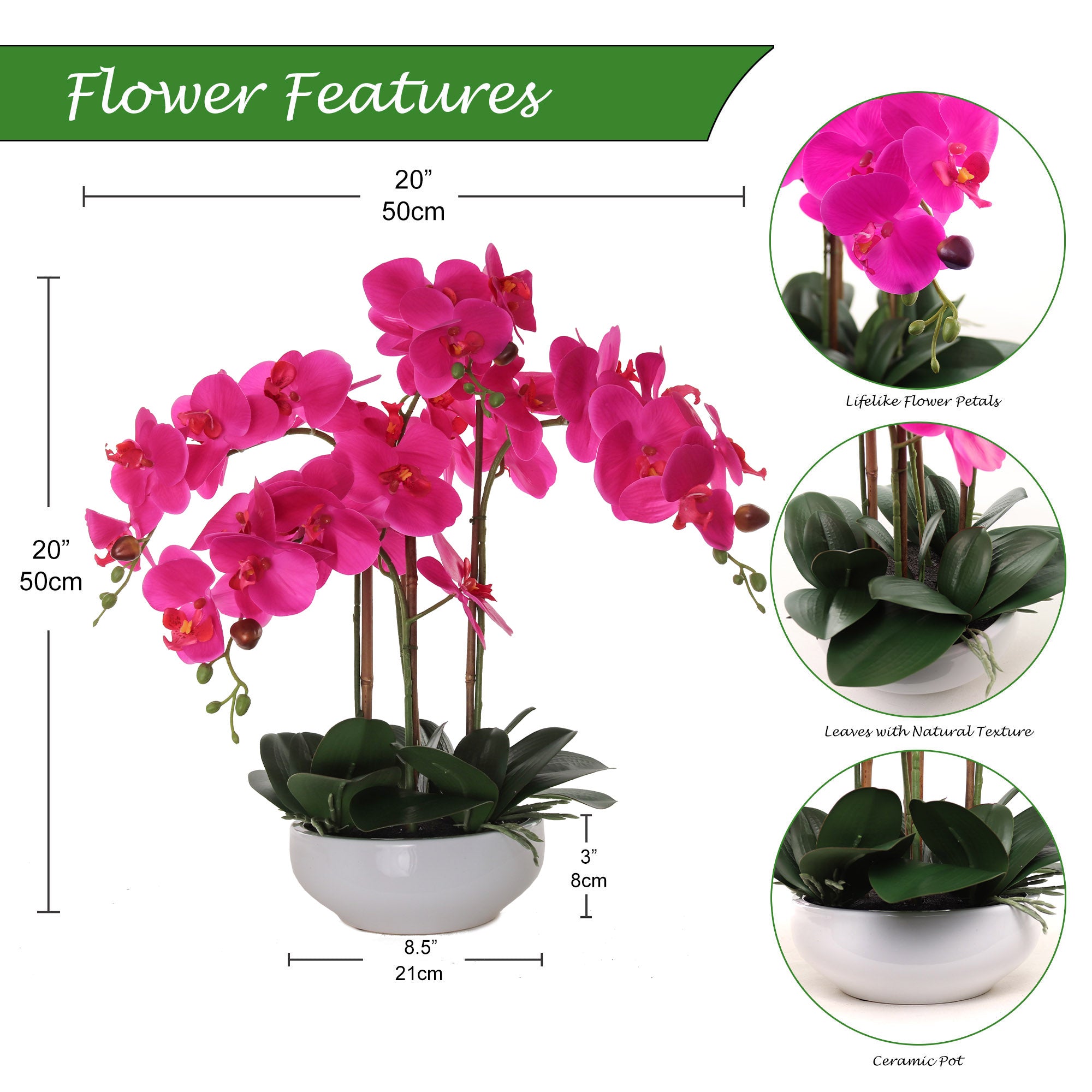 20" Fuchsia Phalaenopsis Orchid – Stunning Artificial Flowers - Larksilk