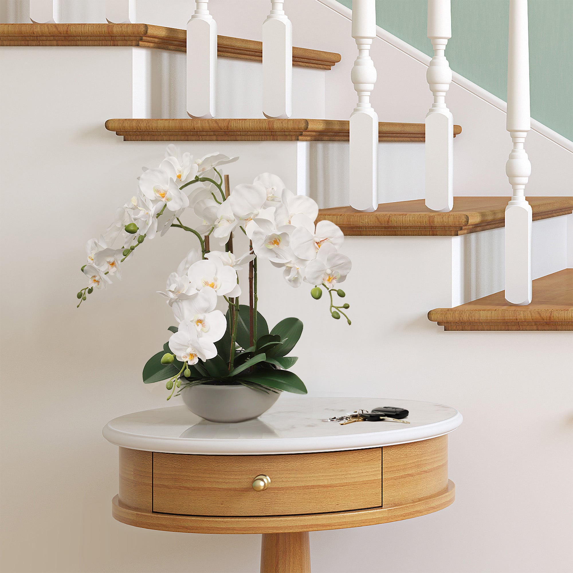 20" White Phalaenopsis Orchid Flowers in Round Grey Pot - Larksilk