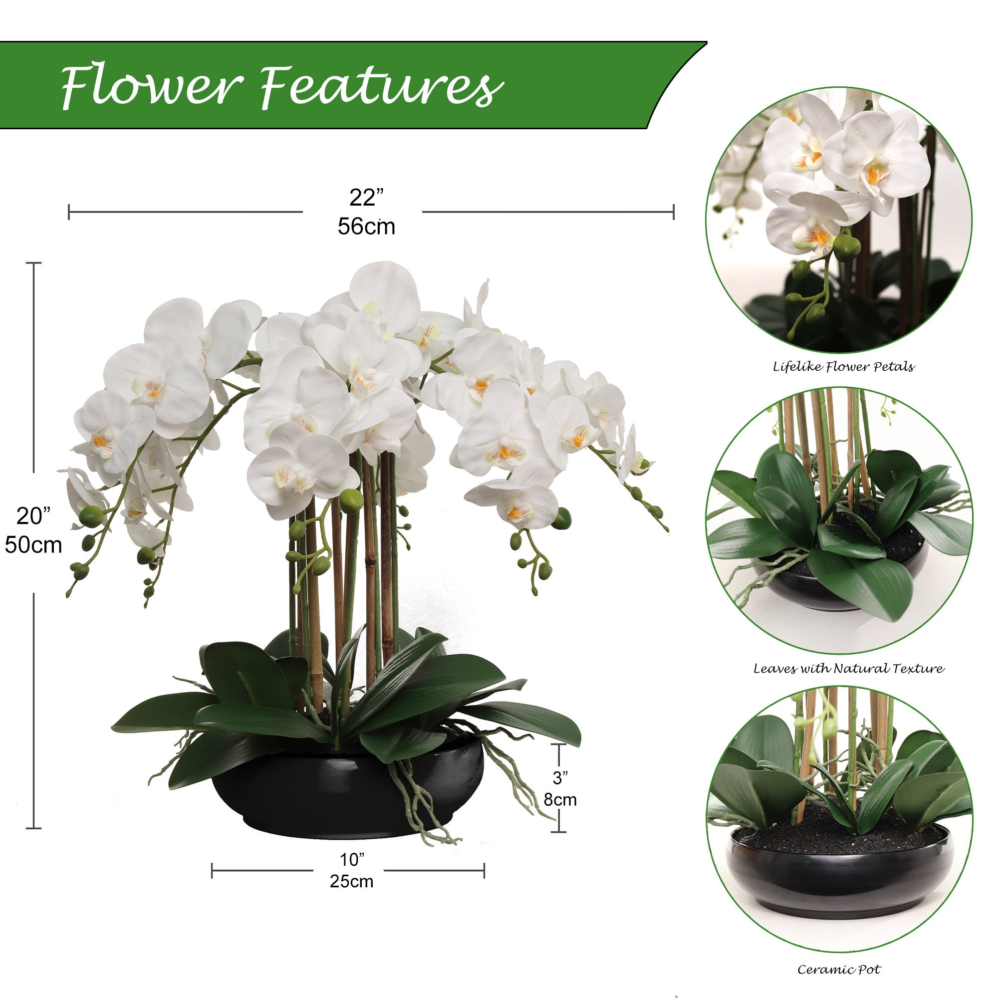 20" White Phalaenopsis Orchid - Lifelike Flower Arrangement - Larksilk