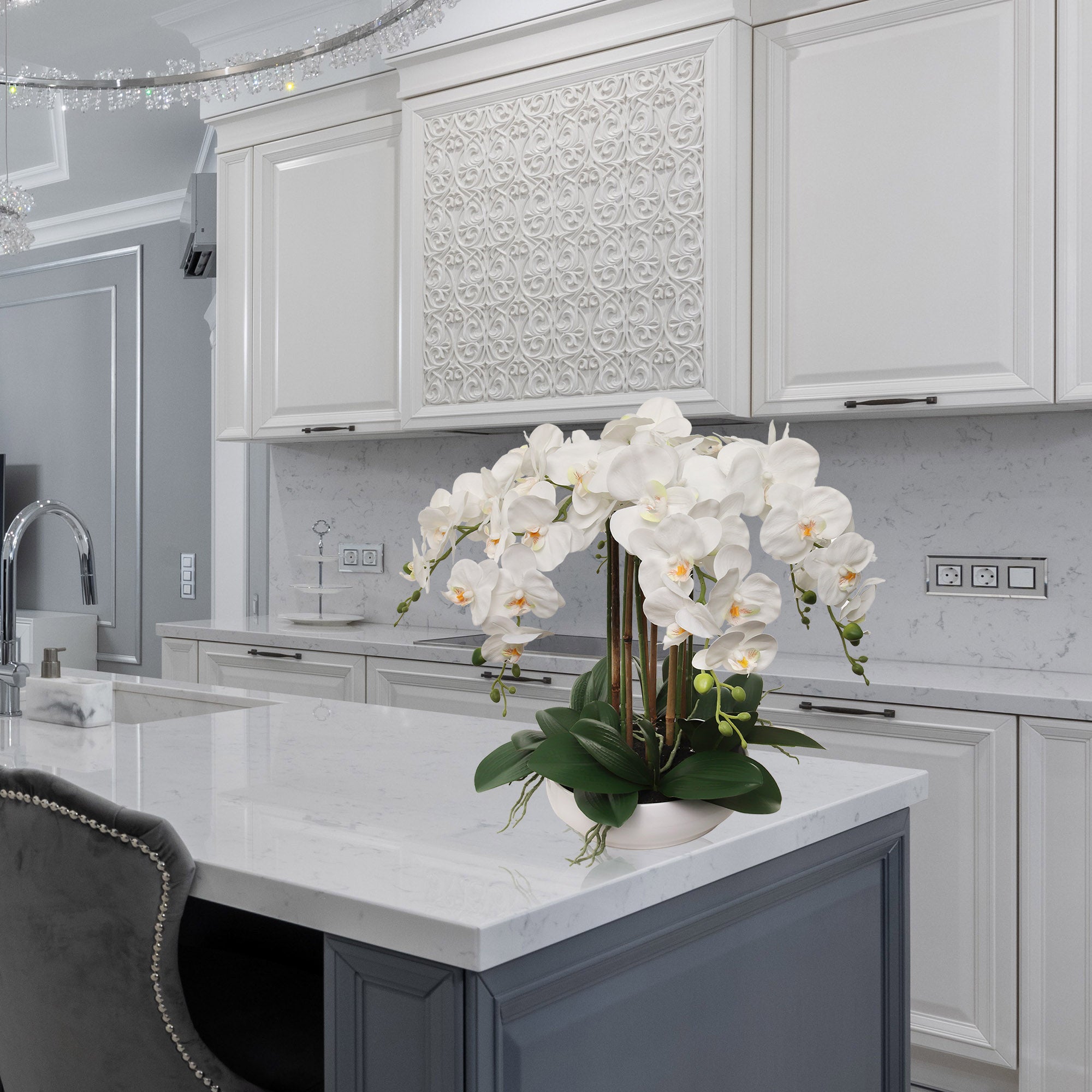 20" White Phalaenopsis Orchid Flowers in 10" Round White Pot - Larksilk