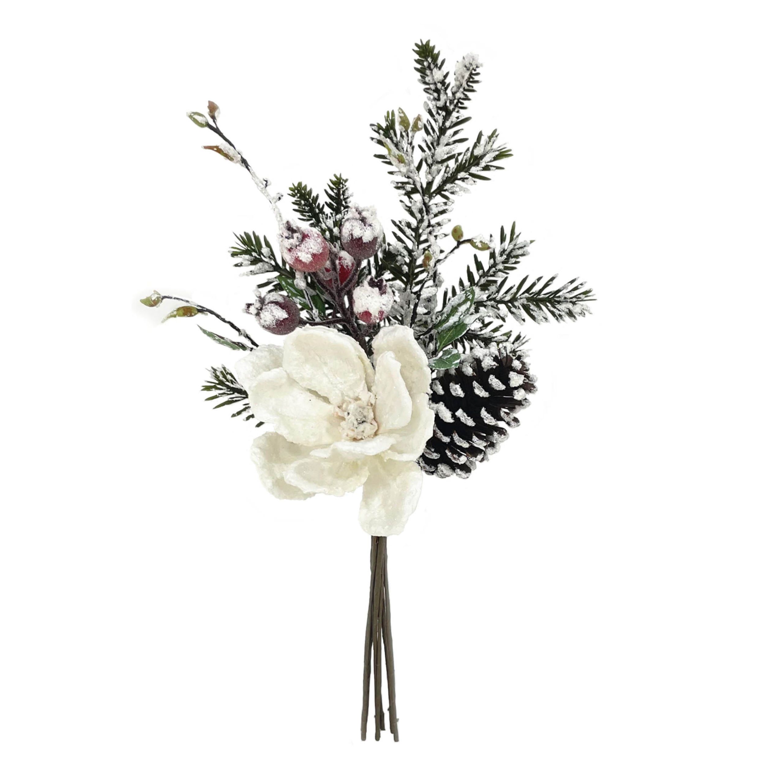 20" Snow Magnolia Bouquet with Red Berries - Larksilk