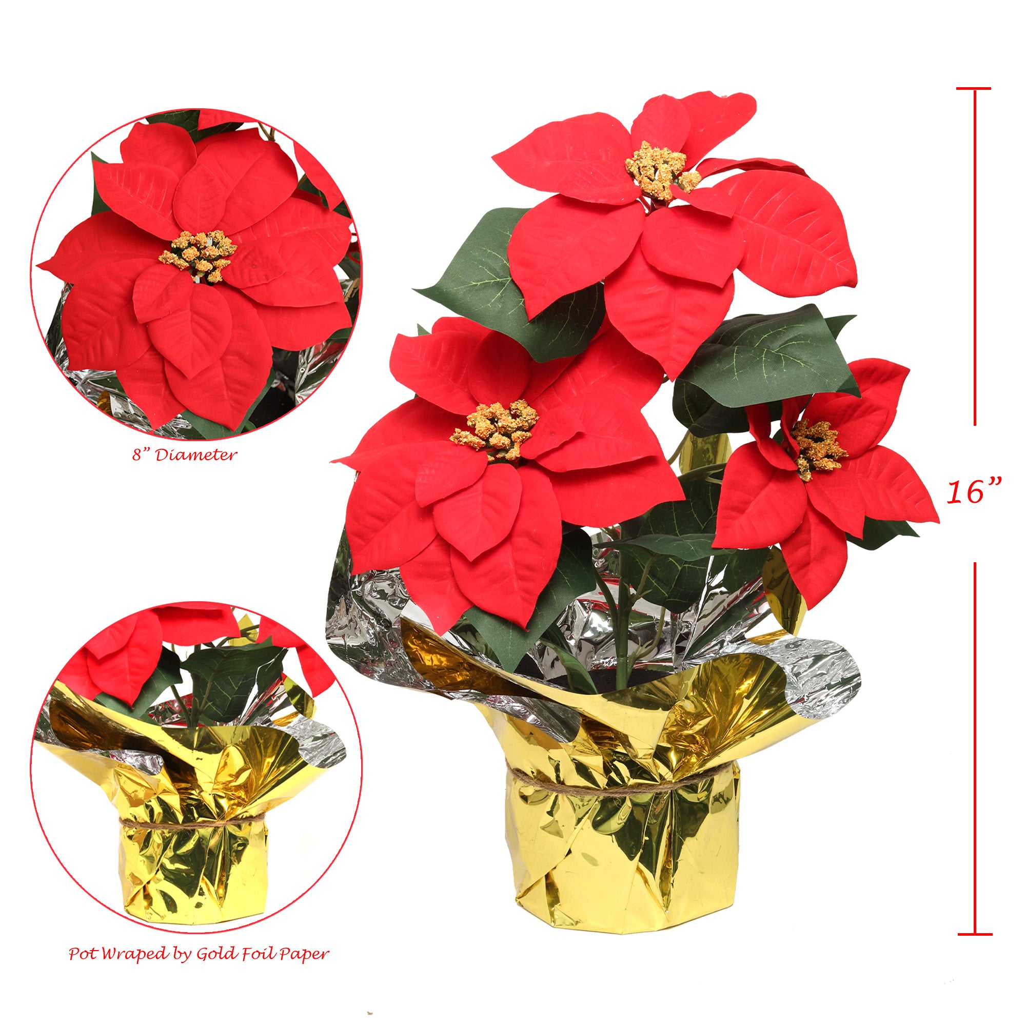 9.5" Diameter Artificial Red Poinsettia Bush with 3 Red Flowers in Pot Pack of 6 - Larksilk