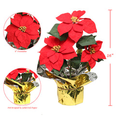 9.5" Diameter Artificial Red Poinsettia Bush with 3 Red Flowers in Pot Pack of 6 - Larksilk