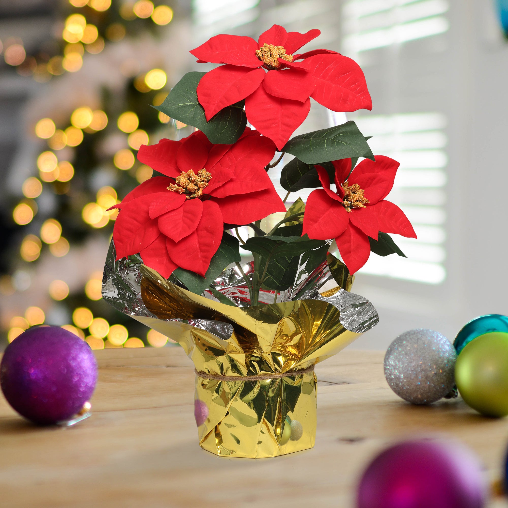 9.5" Diameter Artificial Red Poinsettia Bush with 3 Red Flowers in Pot Pack of 6 - Larksilk
