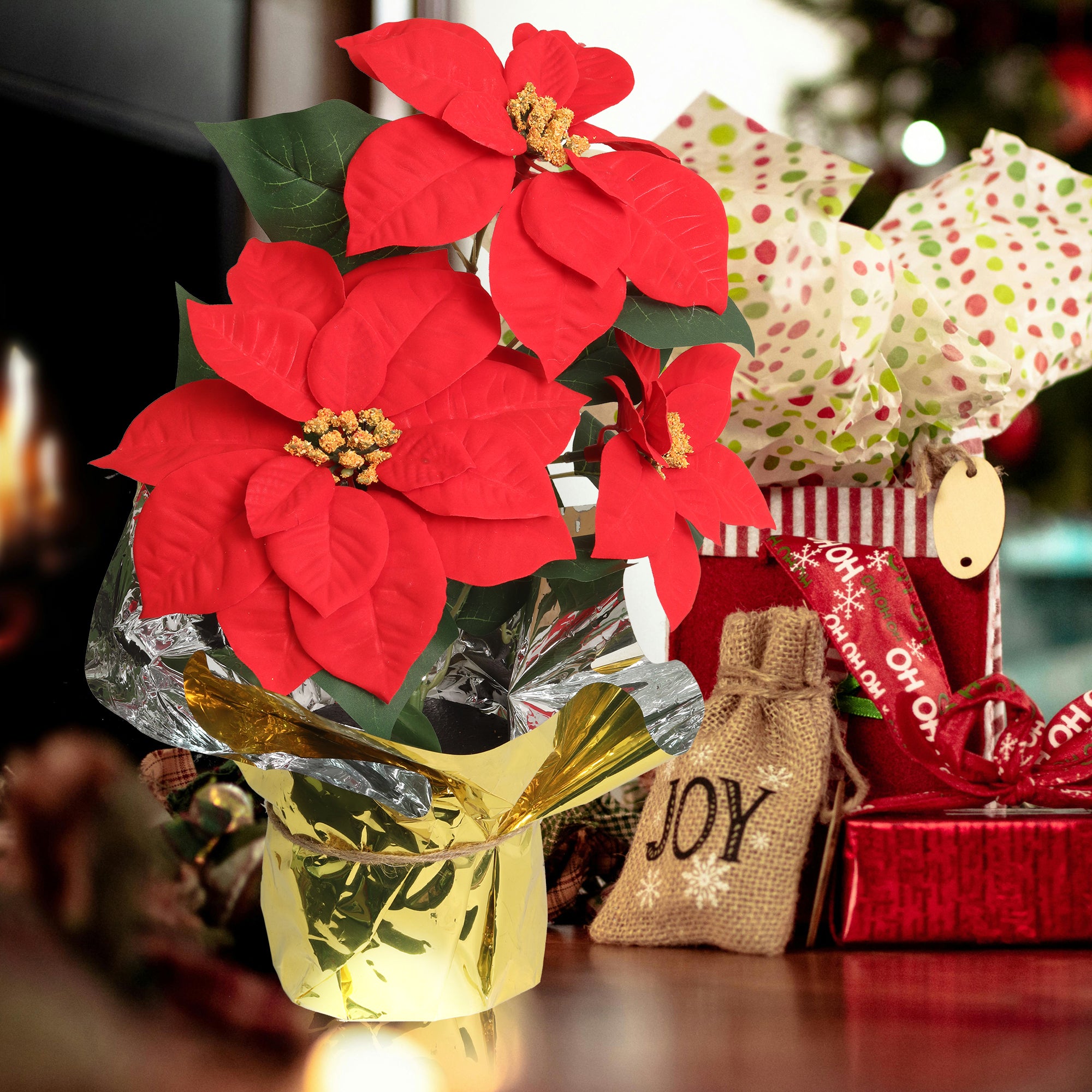 9.5" Diameter Artificial Red Poinsettia Bush with 3 Red Flowers in Pot Pack of 6 - Larksilk