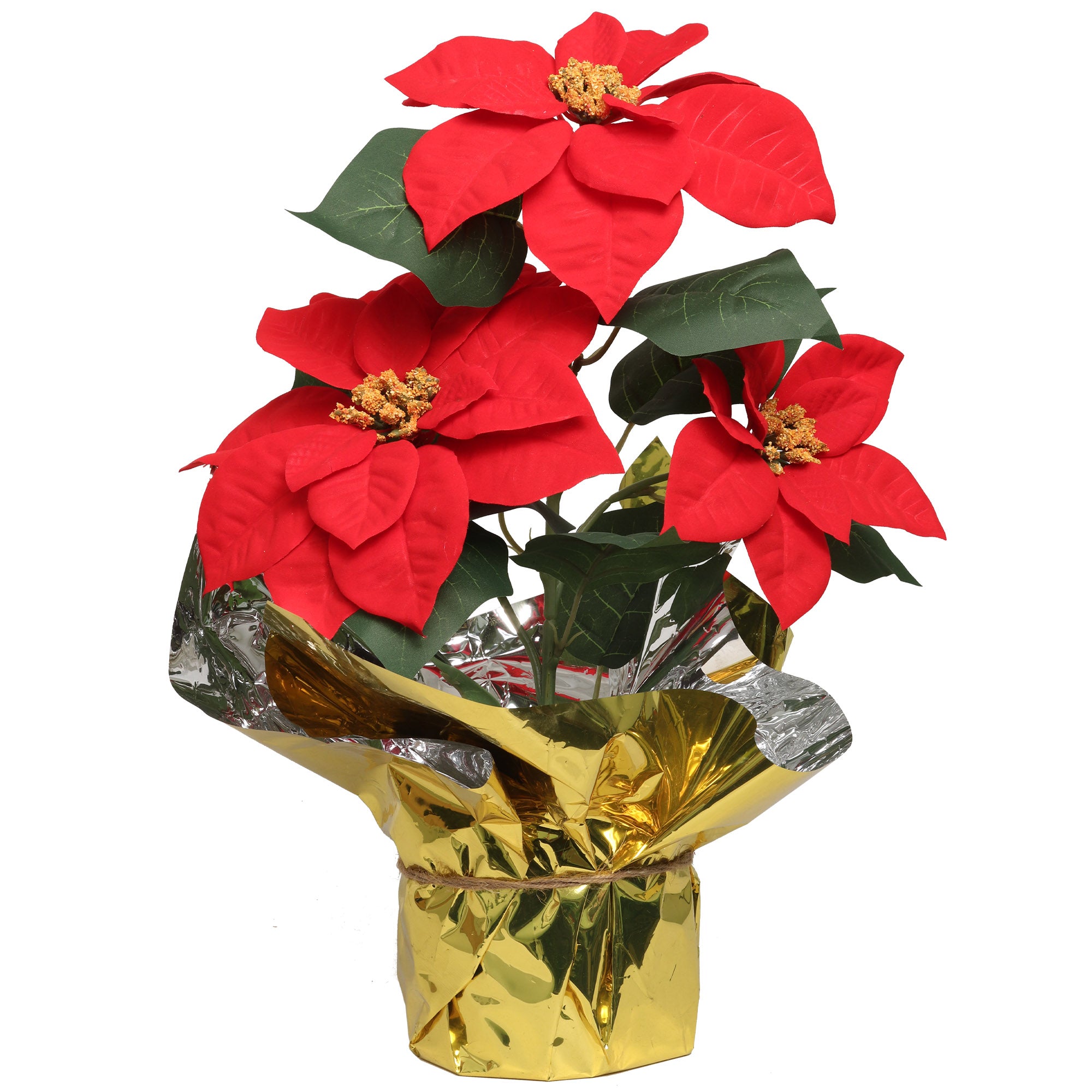 9.5" Diameter Artificial Red Poinsettia Bush with 3 Red Flowers in Pot Pack of 6 - Larksilk