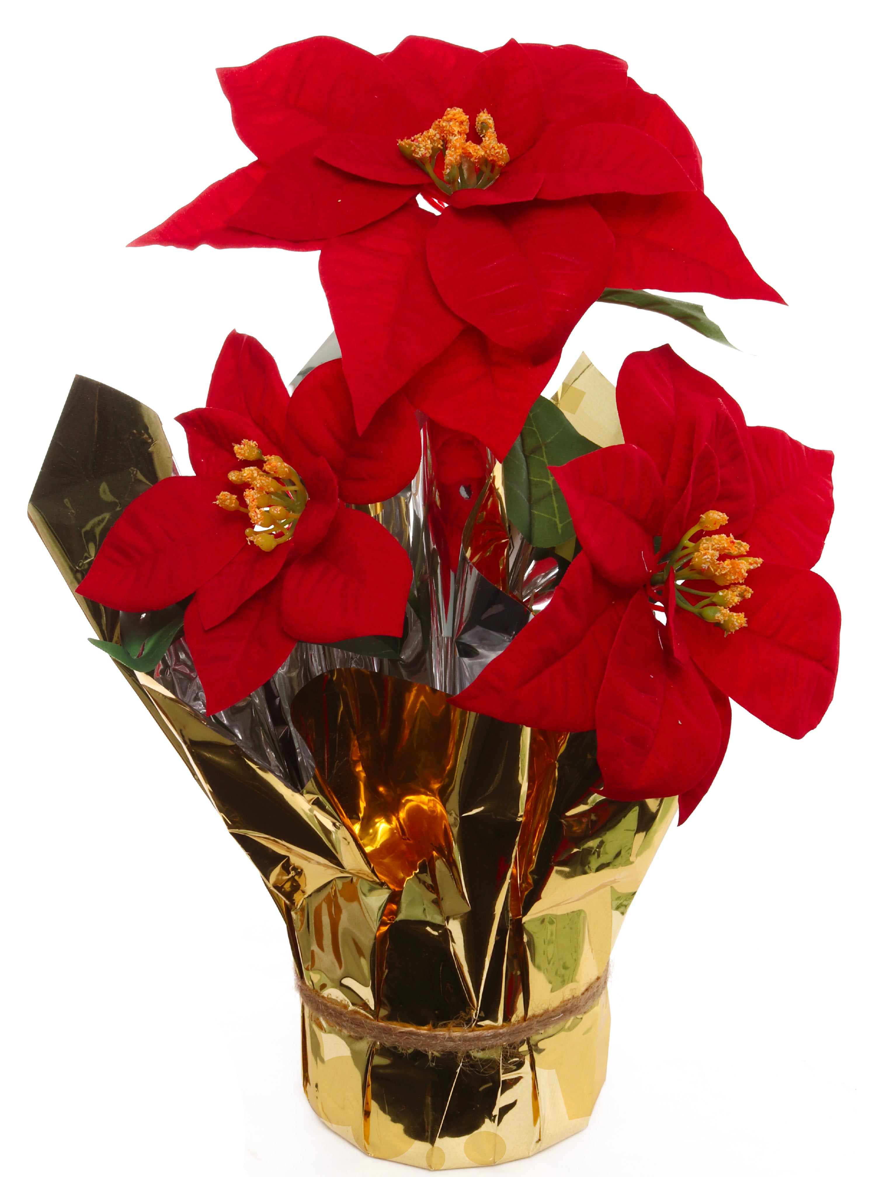 9.5" Diameter Artificial Red Poinsettia Bush with 3 Red Flowers in Pot Pack of 6 - Larksilk