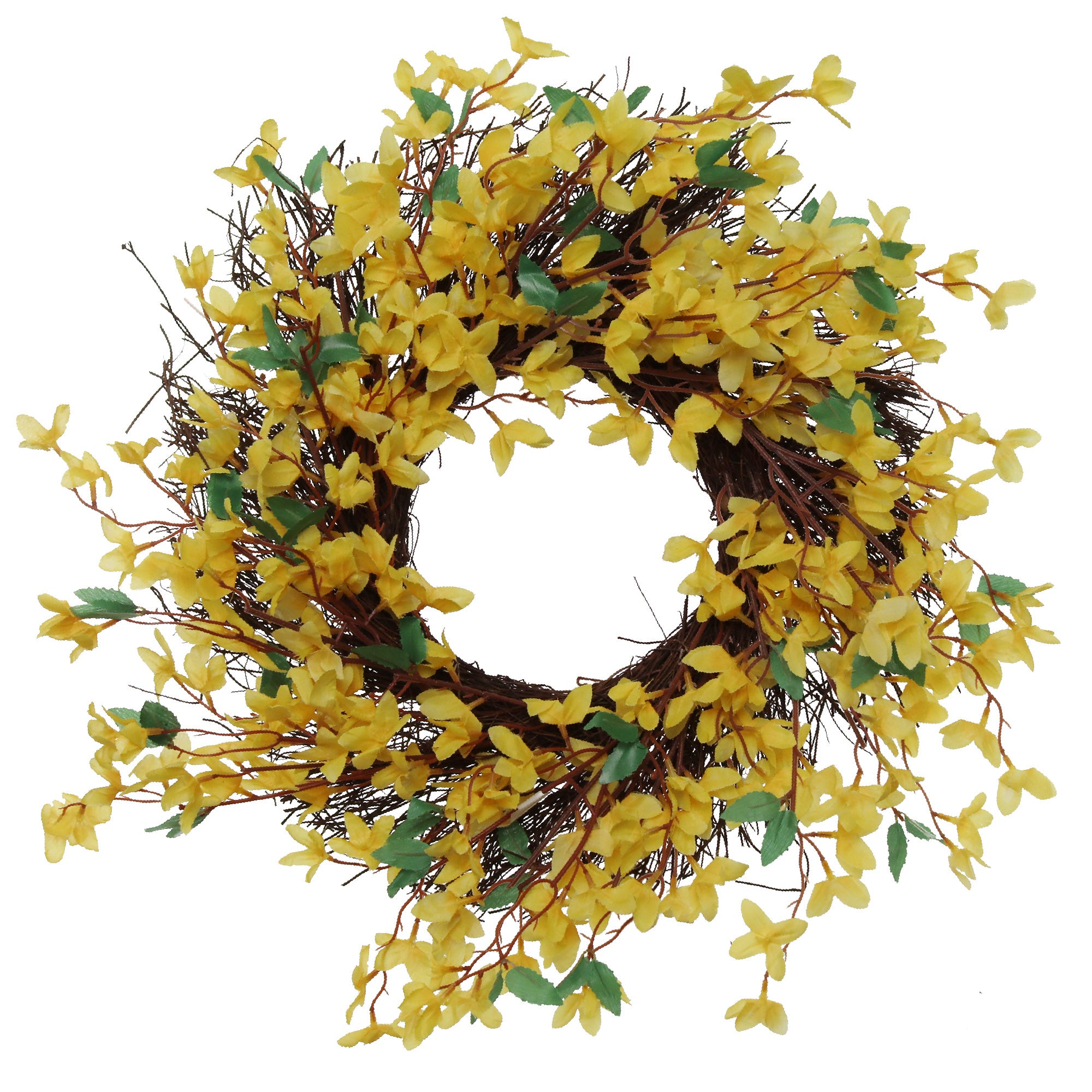 6" Sunny Yellow Forsythia Wreath - Realistic Silk Flowers & Grapevine Ring for Home & Event Decor by Floral Home® - Larksilk