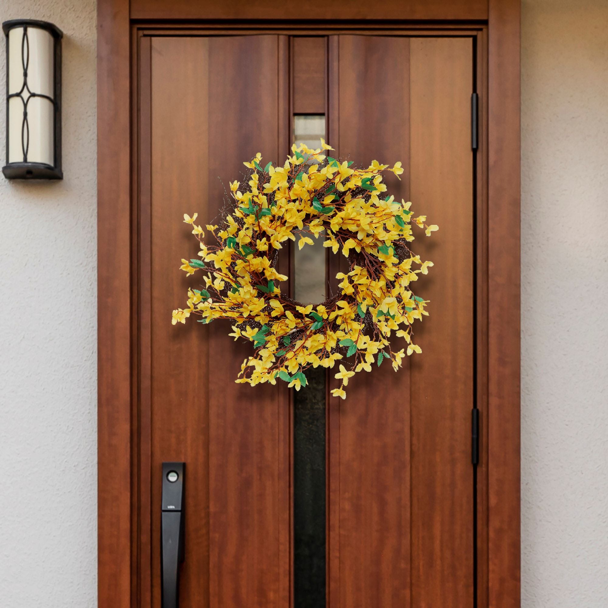 6" Sunny Yellow Forsythia Wreath - Realistic Silk Flowers & Grapevine Ring for Home & Event Decor by Floral Home® - Larksilk