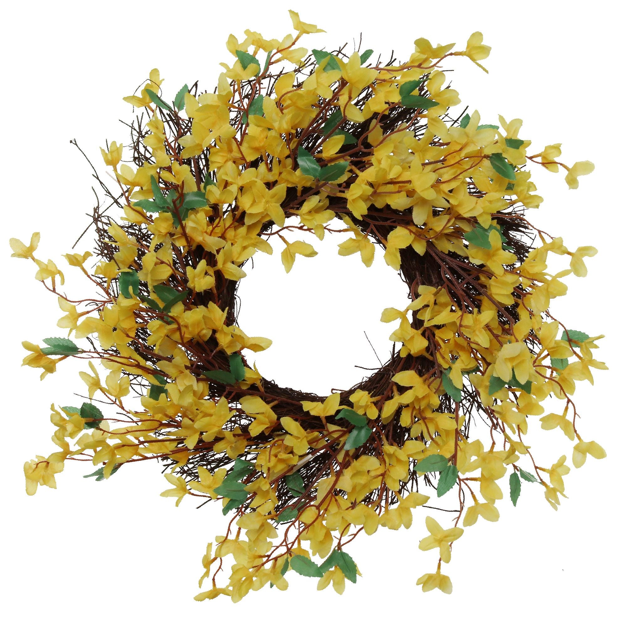 6" Sunny Yellow Forsythia Wreath - Realistic Silk Flowers & Grapevine Ring for Home & Event Decor by Floral Home® - Larksilk