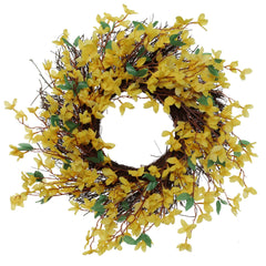 6" Sunny Yellow Forsythia Wreath - Realistic Silk Flowers & Grapevine Ring for Home & Event Decor by Floral Home® - Larksilk