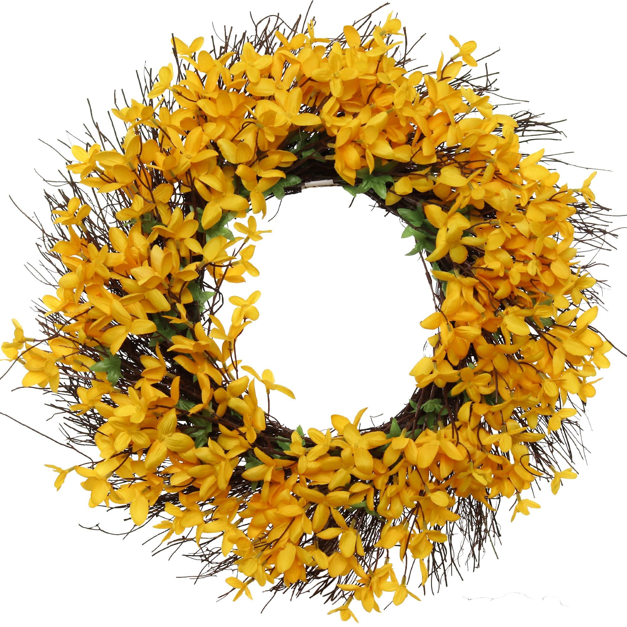 22" Sunny Yellow Forsythia Wreath with Grapevine Ring, Floral Home by Artificial Flowers - Larksilk