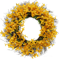 22" Sunny Yellow Forsythia Wreath with Grapevine Ring, Floral Home by Artificial Flowers - Larksilk
