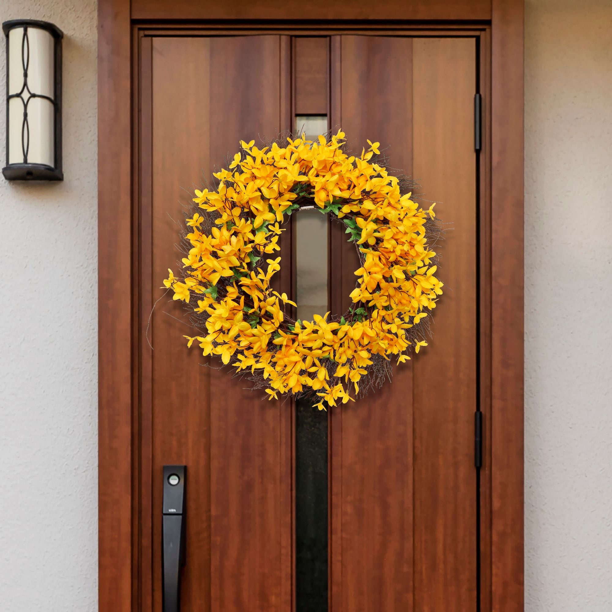 22" Sunny Yellow Forsythia Wreath with Grapevine Ring, Floral Home by Artificial Flowers - Larksilk