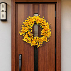 22" Sunny Yellow Forsythia Wreath with Grapevine Ring, Floral Home by Artificial Flowers - Larksilk