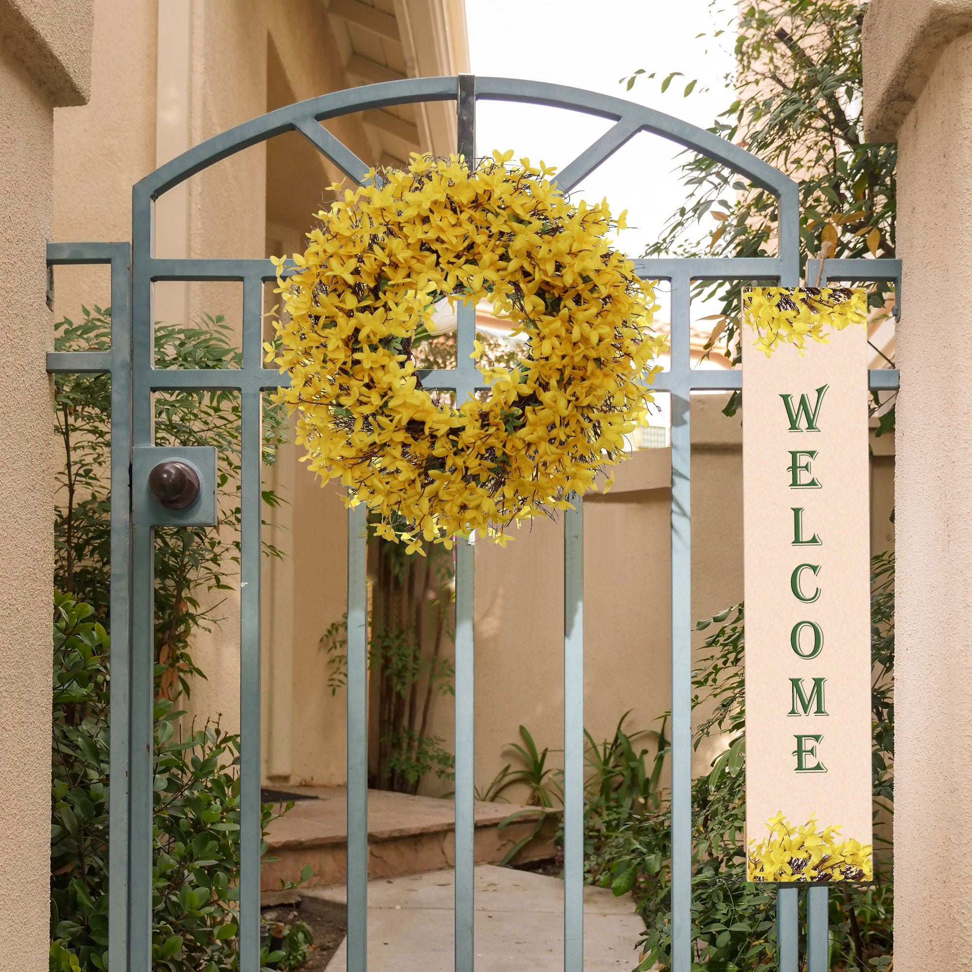 22" Sunny Yellow Forsythia Wreath with Grapevine Ring, Floral Home by Artificial Flowers - Larksilk