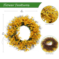 22" Sunny Yellow Forsythia Wreath with Grapevine Ring, Floral Home by Artificial Flowers - Larksilk